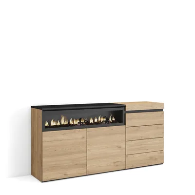 A modern sideboard with a built-in electric fireplace.