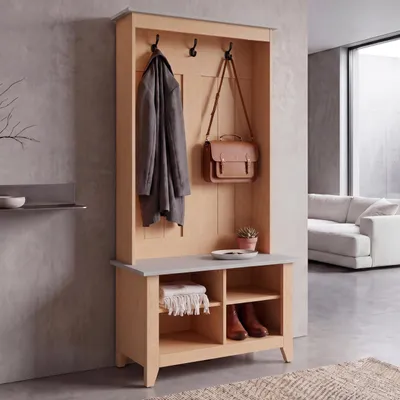 Produktbild von Garderobe MCW-P28, Standgarderobe Schuhregal Sitzbank, 3 Haken 4 Staufächer Melamin 170x76x39cm  natur, weiß