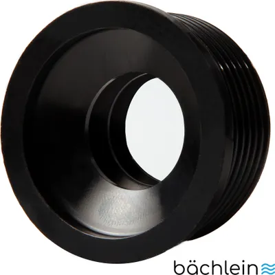 A black plumbing fitting with threads on one side and a flared opening on the other, set against a white background. A brand logo is visible in the bottom right corner.