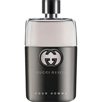 A studio shot of a Gucci Guilty Pour Homme fragrance bottle.