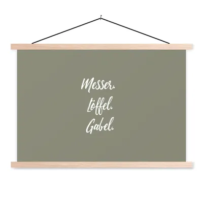 Produktbild von MuchoWow® Textilposter Besteck - Messer. Löffel. Gabel. - Sprichwörter - Zitate 120x80 cm mit holzfarbenen Rahmen - Aufhängeset