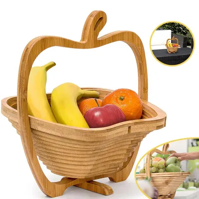 Produktbild von Klappkorb Aus Bambus Im Apfel‑Design, Multifunktional Als Obstkorb, Obstschale, Untersetzer Und Klappbares Schneidebrett