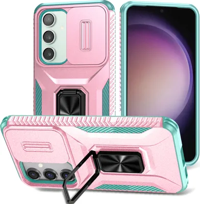 Produktbild von Handyhülle für Samsung Galaxy S23 FE Dual Layer Hülle mit Schiebe Kamera Schutz und Ringhalter Ständer Pink