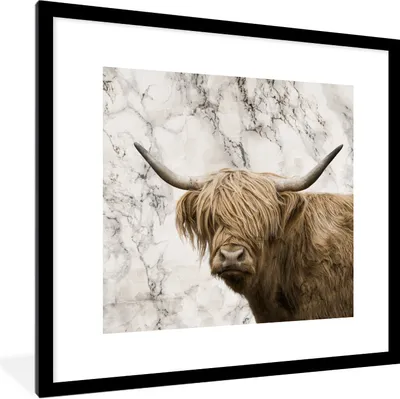 Produktbild von MuchoWow® Gerahmtes Poster Schottischer Highlander - Marmor - Tiere 40x40 cm - Poster mit Schwarzem Bilderrahmen Wandposter Rahmen Foto Bilder - Poster - Plakat im Rahmen