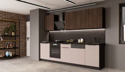 Produktbild von Küche ARONA + MONZA BASIC 280 cm Küchenzeile Küchenblock Einbauküche Kaschmir beige matt + Nußbaum + Schwarz matt