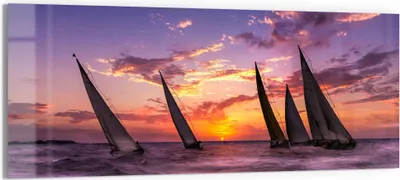 Produktbild von DEQORI Glasbild Echtglas 150x60 cm 'Segelboote im Abendlicht' Wandbild Bild modern Deko