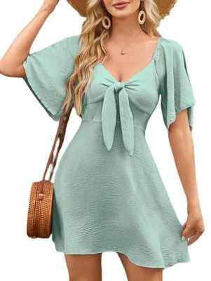 Imagen del producto de Vestido de verano para mujer, con cuello en V, mangas cortas y corte en forma de A
