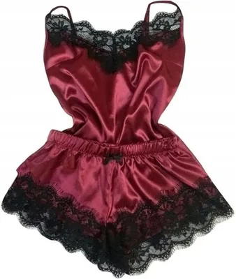 Immagine prodotto di Pigiama - Set da notte - per donna - Raso - Camicia da notte con pantaloncini - con pizzo - Taglia unica - Rosso