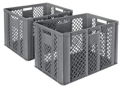 Produktbild von 2 Eurobehälter/Bäckerkisten, LxBxH 600x400x410 mm, lebensmittelecht, durchbrochene Wände und Boden (grau)
