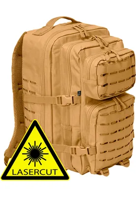 A tan tactical backpack with a yellow warning triangle overlay.
