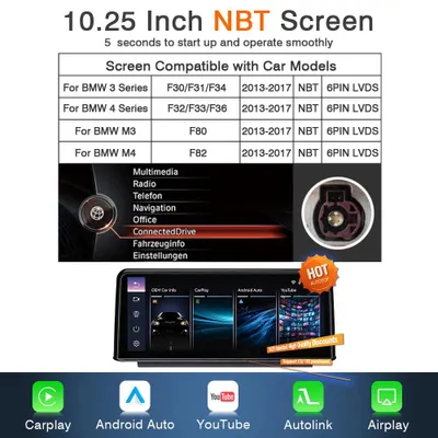 Immagine prodotto di Schermo Linux da 10,25 pollici per auto, con CarPlay wireless e navigazione GPS, compatibile con le serie BMW 3 e 4