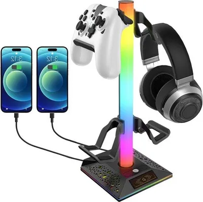 Obrázek produktu pro Držák na herní sluchátka s RGB osvětlením a duálním nabíjením – herní příslušenství
