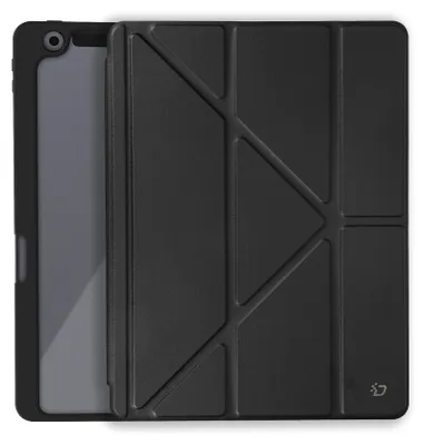 A black tablet case is shown from the front, with a portion of the tablet visible on the left.