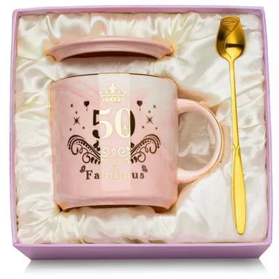 Produktbild von Kaffeetasse 50. Geburtstag Frau 400ml Marmor Rosa Golddruck Geschenkbox
