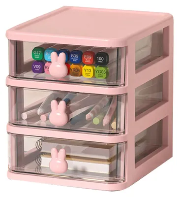 Immagine prodotto di Organizer da scrivania a 3 ripiani, rosa e trasparente, 13,4 x 17 x 16 cm – con manico a forma di coniglio – per l'ufficio e le penne