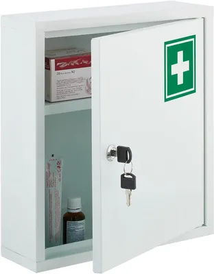 Zdjęcie produktu dla Apteczka pierwszej pomocy - Zamykana szafka na środki medyczne - Zawiera leki - 2 przegródki - 36 x 31,5 x 10 cm - Do zawieszenia - Biała - Zielona