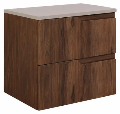 Image de Armoire de salle de bain suspendue, 60 cm de large, avec tiroirs, corps en noyer et façade en bois de cachemire, dimensions : 60 x 46 x 58,6 cm, Image générée par une IA