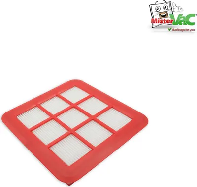 A red and white vacuum cleaner filter is shown against a white background with a logo in the top right corner.