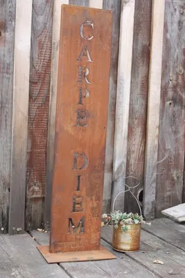 Produktbild von Rostikal, Edelrost Schriftzug Carpe Diem, 71 cm hoch, 15 cm breit, Gartendeko Hauseingang, Shabby Chic Vintage Landhaus, handgemacht, starke Bodenplatte