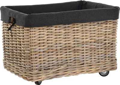 Zdjęcie produktu dla KRINES HOME Duży kosz na kółkach z uchwytami / Kosz na drewno na kółkach z szarego naturalnego rattanu / Wózek na drewno do przechowywania na kółkach kosz na drewno kominkowe uniwersalny kosz na drewno z karczkiem (prostokątny mały)