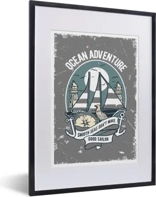 Produktbild von MuchoWow® MuchoWow® Gerahmtes Poster Boot - Segeln - Kompass - Retro 30x40 cm - Poster mit zchwarzem Bilderrahmen - Wandposter Schlafzimmer