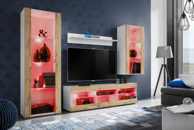 Produktbild von Komodee | Wohnwand mit TV-Schrank und Vitrine Tivoli Set Medio, Korpus Weiß Matt Frontfarbe Wotan Matt, LED RGB