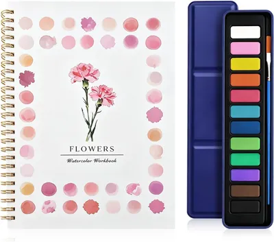Image de Cahier d'aquarelle - Fleurs pour débutants, ensemble complet de coloriage en aquarelle, peinture aquarelle + 1 pinceau aquarelle, carnet d'aquarelle