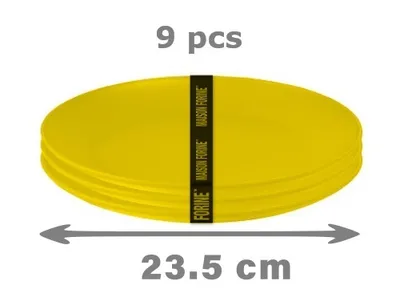 Obrázok produktu pre Sada plytkých tanierov, set 9 ks, žlté, nerozbitné, priemer 23.5 cm, plastové taniere