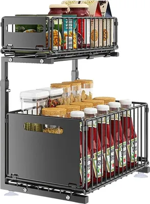 Zdjęcie produktu dla Półka do przechowywania, regulowana wysokość, wysuwana konstrukcja, czarna, 2-poziomowa