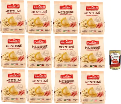Produktbild von Pagani Pasta all' Uovo Mezzelune con Prosciutto Crudo, Eiernudeln mit Parma ham, Pasta mit Ei 12x 250g + Italian Gourmet polpa 400g
