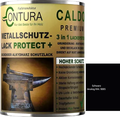 Produktbild von Contura 3 in 1 Rostschutzfarbe 500ml Metallschutzlack Seidenmatt RAL Metall Lack Farbe Grundierung Rost - RAL 9005 Schwarz