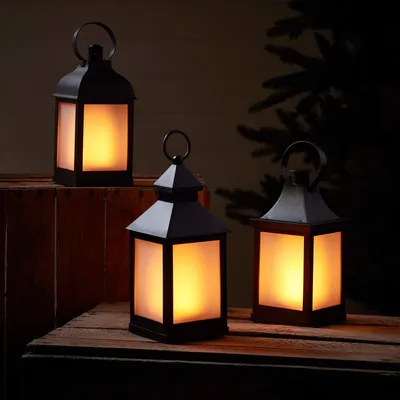 3er-Set LED-Laternen, schwarz, flackernd, batteriebetrieben