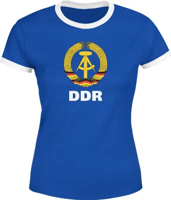 Produktbild von Damen WM-Shirt DDR Fan Retro Nostalgie Moonworks® blau-weiß M