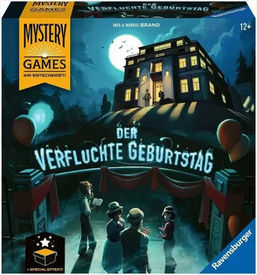 A board game box cover depicting a spooky mansion at night with people gathered outside.