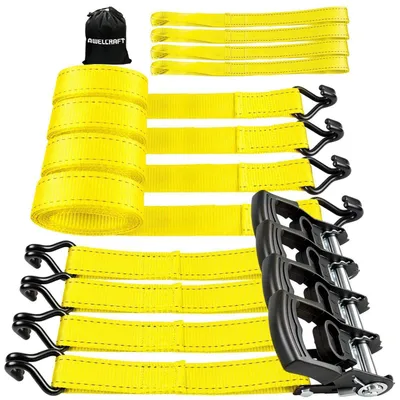 Produktbild von 4er Set Ratsche Spanngurte 1500 kg Bruchfestigkeit 3,8 cm x 3 m Gelb mit Schlaufen und Transporttasche