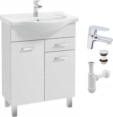 Productafbeelding van Badkamermeubel met wastafel, 65 cm, vrijstaand, wit, glanzend, inclusief chromen mengkraan