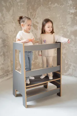 Produktbild von DOUBLE - Montessori Lernturm Kitchen Helper Kinderplattform Küchenturm - grau | Lernturm für Geschwister | Lernturm für zwei Kinder