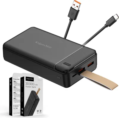 Imagen del producto de Batería externa Kruger&Matz de 30000 mAh con tecnología de iones de litio, que cuenta con funciones de carga rápida QC y PD