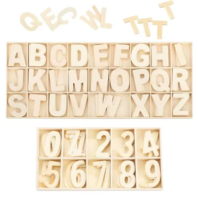 Image de 180 pièces de chiffres et de lettres en bois, alphabet et numéros, idéal pour l'artisanat, fabriqué en bois naturel lisse, avec boîte de rangement, parfait pour les travaux manuels, le bricolage, les mariages, les présentations, la décoration et les œuvres murales
