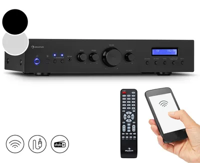 Zdjęcie produktu dla Auna Wzmacniacz, Mini wzmacniacz stereo HiFi, Wzmacniacz HiFi z regulacją basów i tonów wysokich, 2-kanałowy wzmacniacz audio, Wzmacniacz stereo z pilotem i radiem DAB, AV Receiver