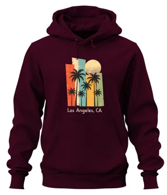 Immagine prodotto di Los Angeles, California. Felpa con cappuccio "Palmen Kalifornien Retro California Sunset", colore bordeaux, taglia S