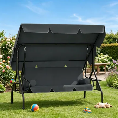 Image de Balançoire de jardin JOIEYOU 3 places 2-en-1 avec fonction de couchage, auvent, résistante aux intempéries et stable, pour 3 personnes jusqu'à 350 kg, gris