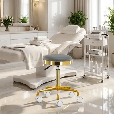Produktbild von Kosmetikhocker Friseurhocker Drehhocker rund höhenverstellbar Grau - Rollhocker Arbeitshocker Drehstuhl, KI-generiertes Bild