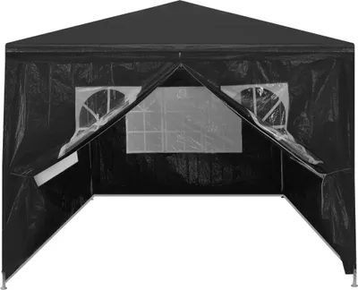 A black party tent with clear plastic windows is shown from the front.