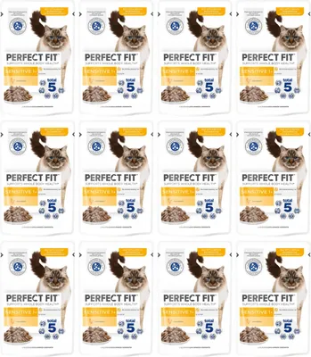 Produktbild von Perfect Fit Sensitive (1+) - Alleinfuttermittel für ausgewachsene Katzen mit Huhn in Sauce, 12 Portionsbeutel à 85g (12x85g)