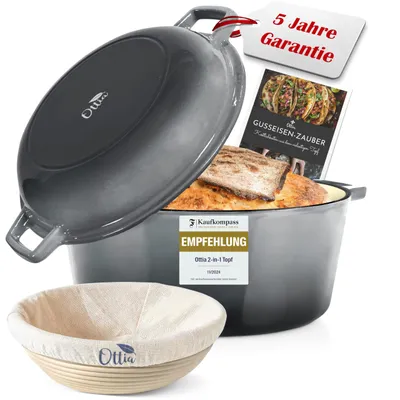 Produktbild von Ottia Gusseisen Topf [inkl. Gärkorb] - Hochwertiger Emaille Topf 26cm - Idealer gusseiserner Brottopf zum Backen, Gusseisentopf Brotbacken, Bräter