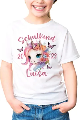 Produktbild von Kinder T-Shirt Mädchen Einhorn Schulanfang Schulkind personalisiert mit Wunschname und Jahreszahl SpecialMe® weiß 141-152 (11-12 Jahre)