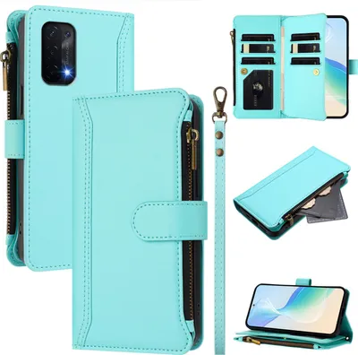 Image de Etui pour Oppo A54 5G/A74 5G/A93 5G/OnePlus Nord N200 5G, zippé, étui portefeuille en cuirPolyuréthaneavec pochettes pour cartes, support et dragonne vert menthe