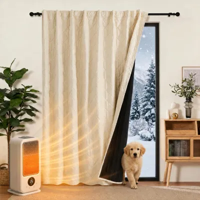 Produktbild von 1x Samt Thermovorhang Kälteschutz Kräuselband Stangendurchzug, Verdunklungsvorhang Türvorhang 415g/m² Wohnzimmer Schlafzimmer 254x213cm Beige