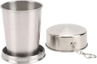 Produktbild von Zusammenklappbarer Edelstahlbecher für Outdoor-Reisen, Camping, tragbar, faltbar, mit Schlüsselanhänger für Picknick, Wandern, 150 ml